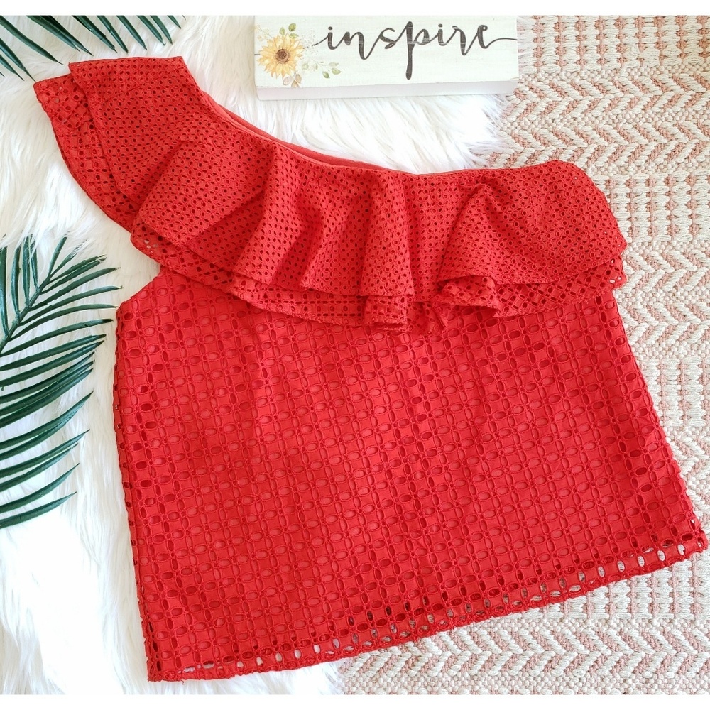 J CREW one shoulder ruffle eyelet top blouse - Picture 3 of 5